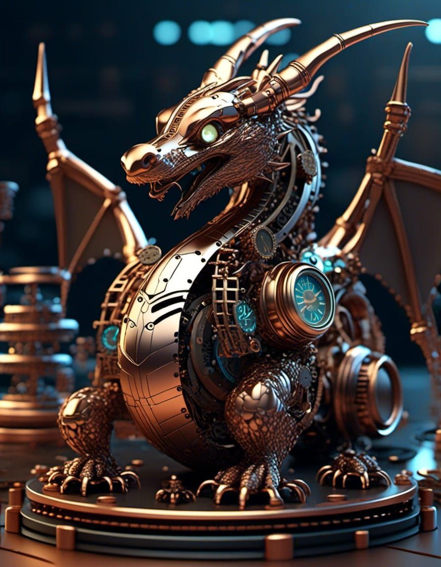 Chibi cute clockwork copper dragon made of clocks and clock pieces lying on a pile of clock parts. Clockpunk Steampunk 8...