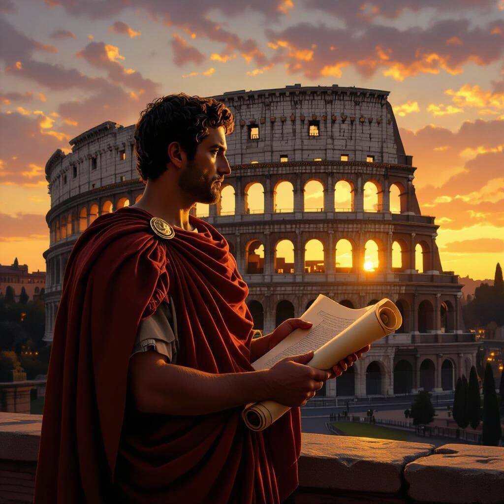 Roman Journalist Before Colosseum at Sunset