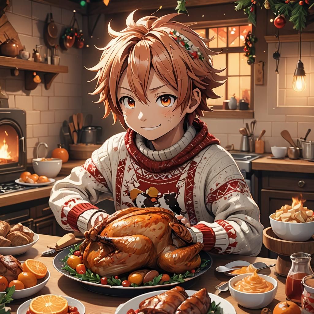 Festive Anime Natsu Carves Turkey in Cozy Kitchen