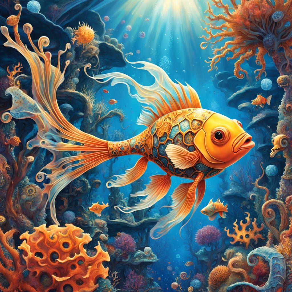 Biomechanical Goldfish in Fantasy Coral Reef