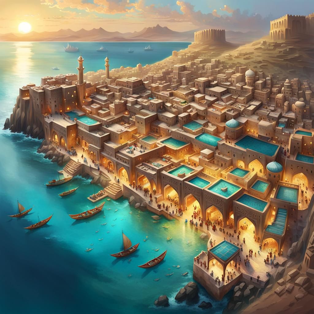 Yemeni City Overlooking Turquoise Sea at Sunset