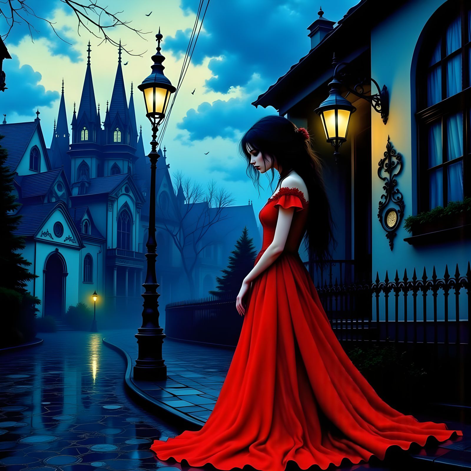 Blue lady surrounded by blue and she is red