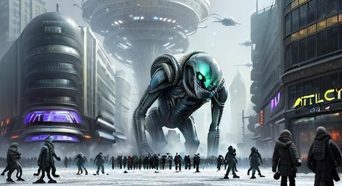 Giant Alien Moving In The Middle Of A City Of Citalien Trasp...
