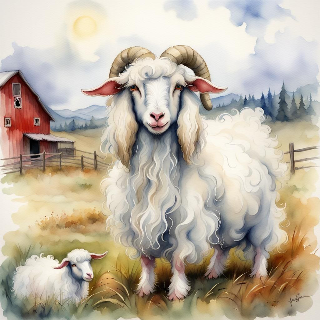 Watercolor Angora Goat on a Farm