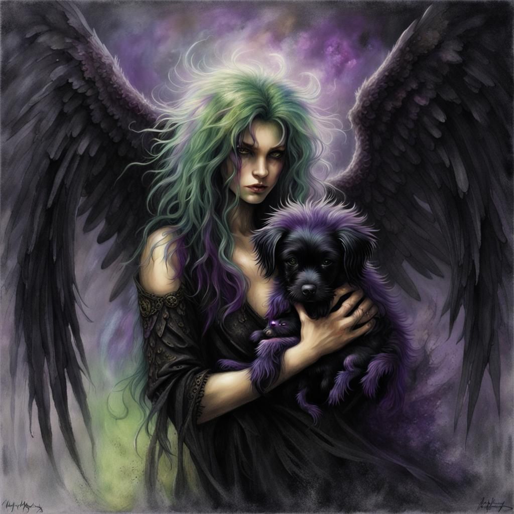Winged Dark Angel with Puppy in Gothic Style
