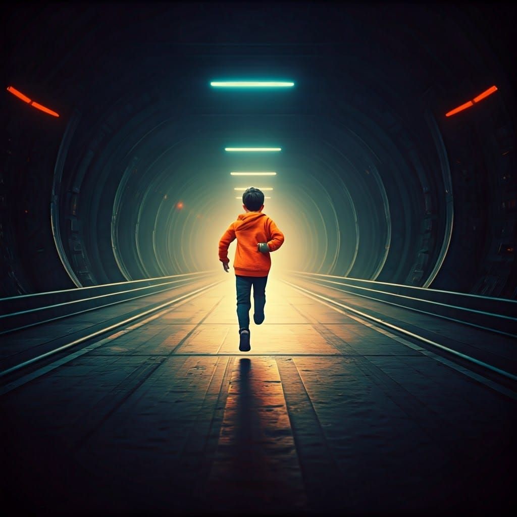 Young Boy Runs Down Endless Runway with Determination