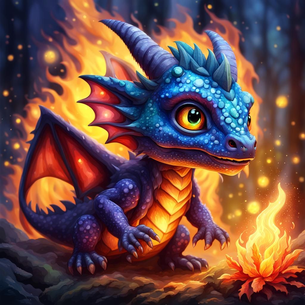 Watercolor Baby Dragon with Fireflies