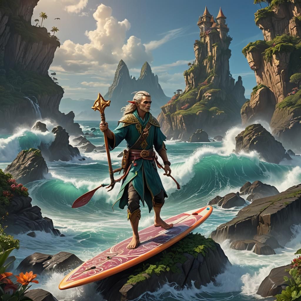 Surfer Sea Elf Wizard in Fantasy Art Style