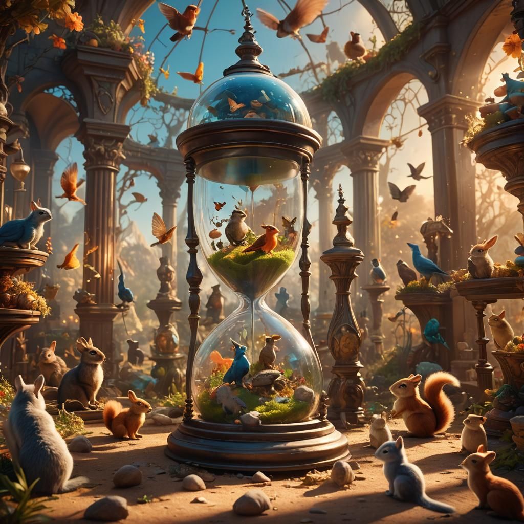 Fantastical Hourglass with Animals in Matte Painting Style