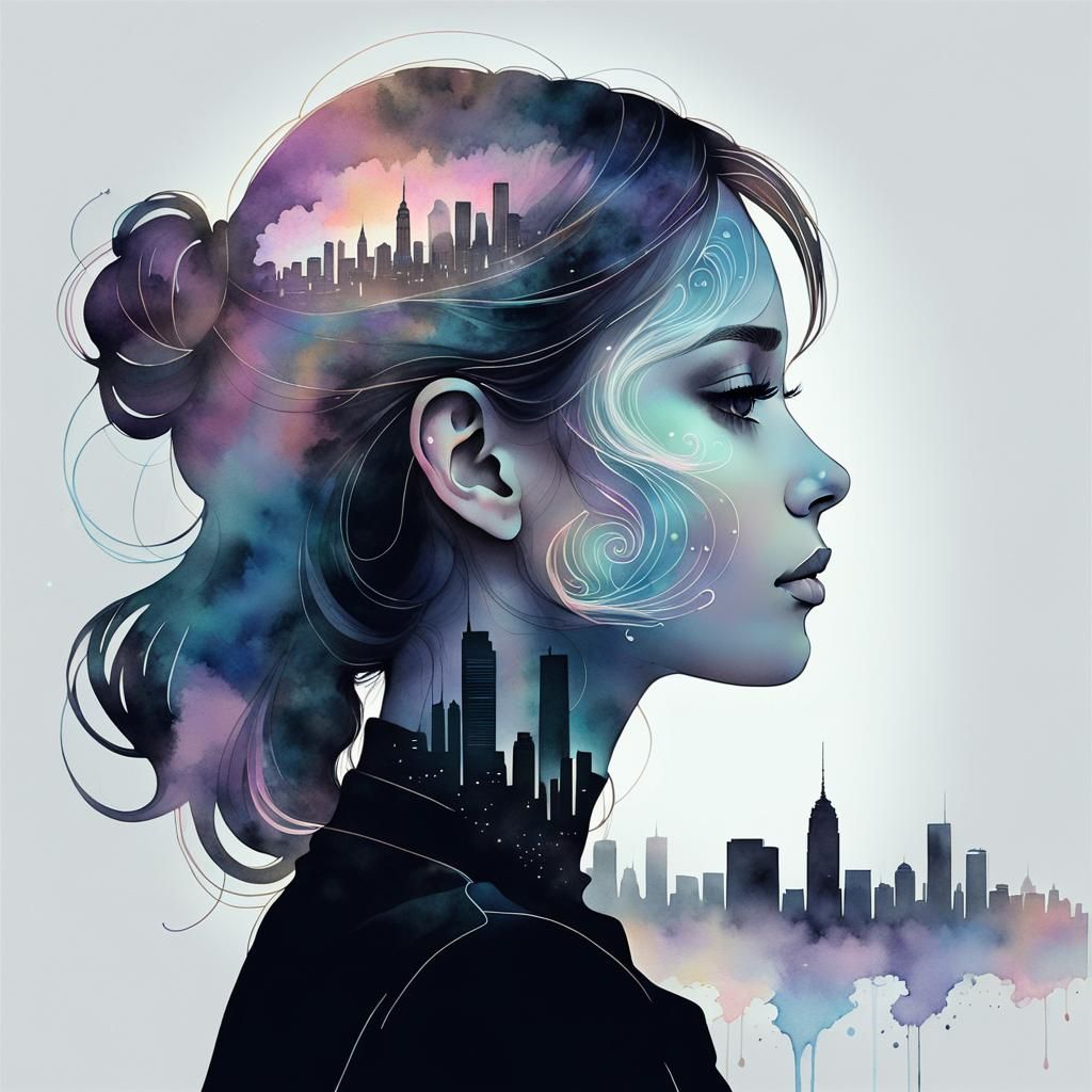 Ethereal Watercolor Portrait with Integrated Skyline