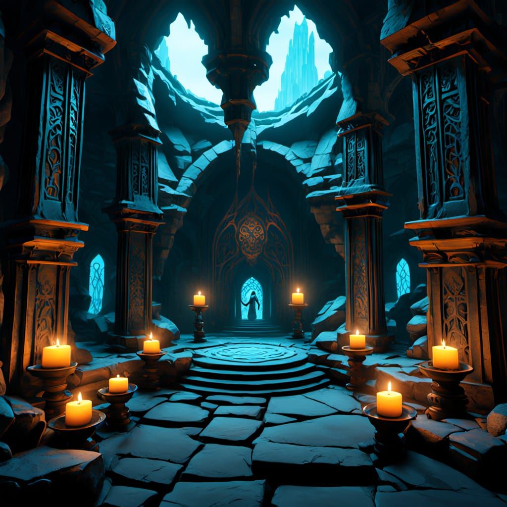 Ethereal Chamber in Gothic Caverns, Cyberpunk Fantasy Style