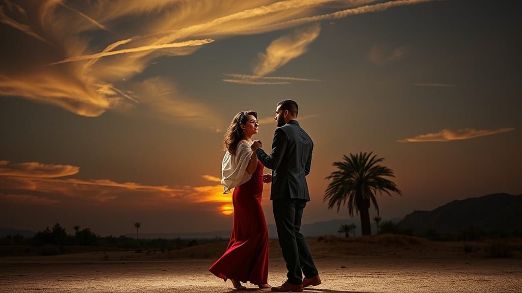 Moroccan Couple Dancing at Twilight in Warm Tones