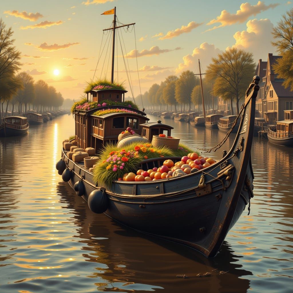 Retro Dutch Barge Laden With Flowers and Fruit on Amstel Riv...