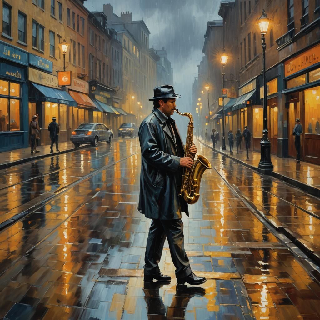 Saxophone Player in Rainy City: Impressionist Oil Painting