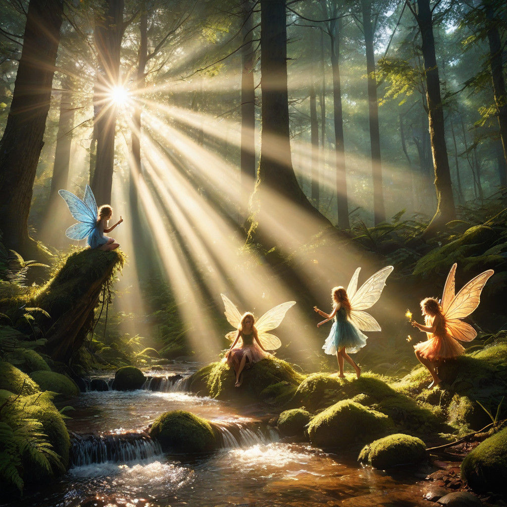 Mystical Faeries Dancing in Sunlit Forest