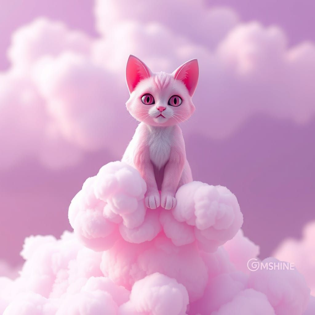 Vibrant Pink Feline Sits Pretty on Lavender Cloud in Anime-S...
