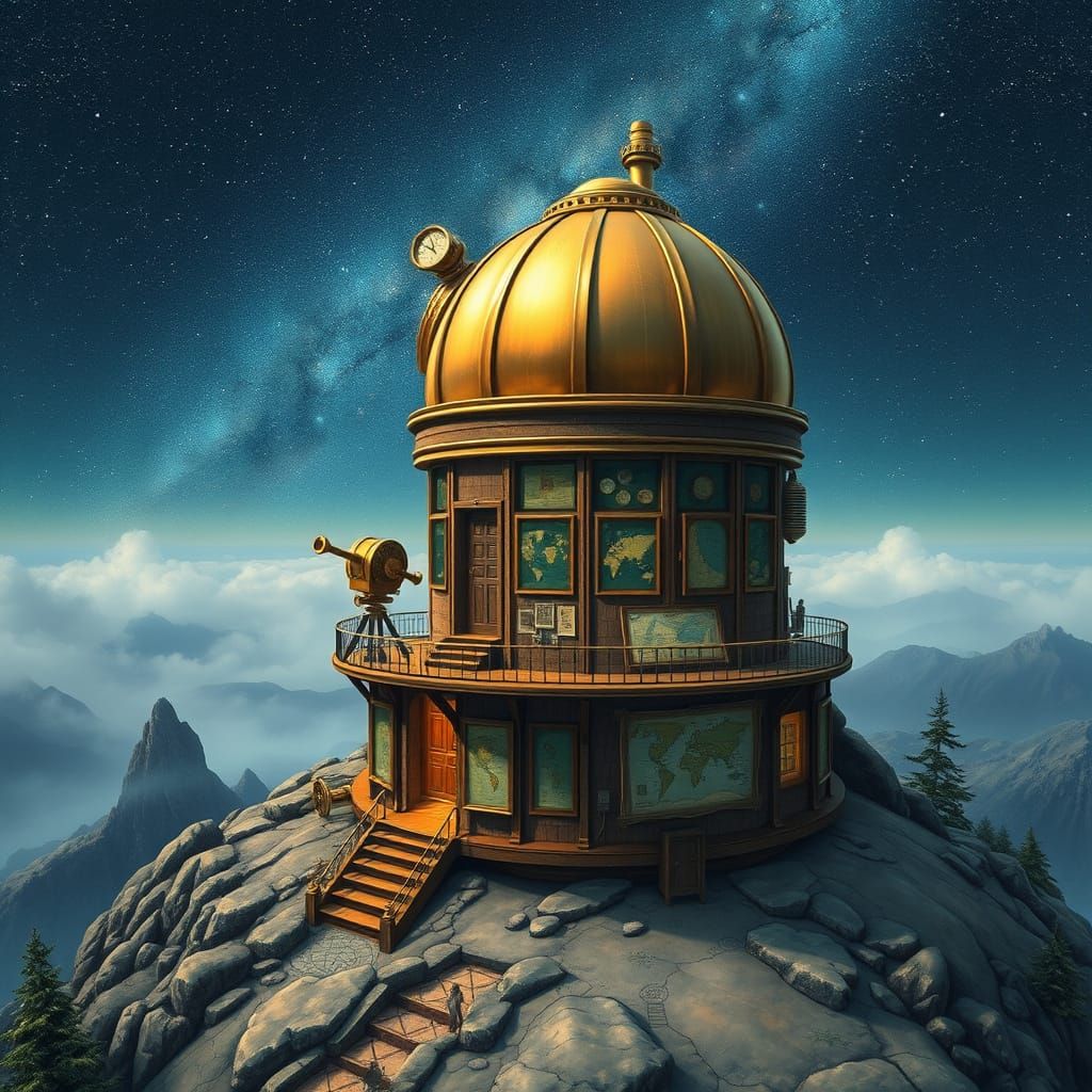 Steampunk Observatory Gleaming on Misty Mountain Peak
