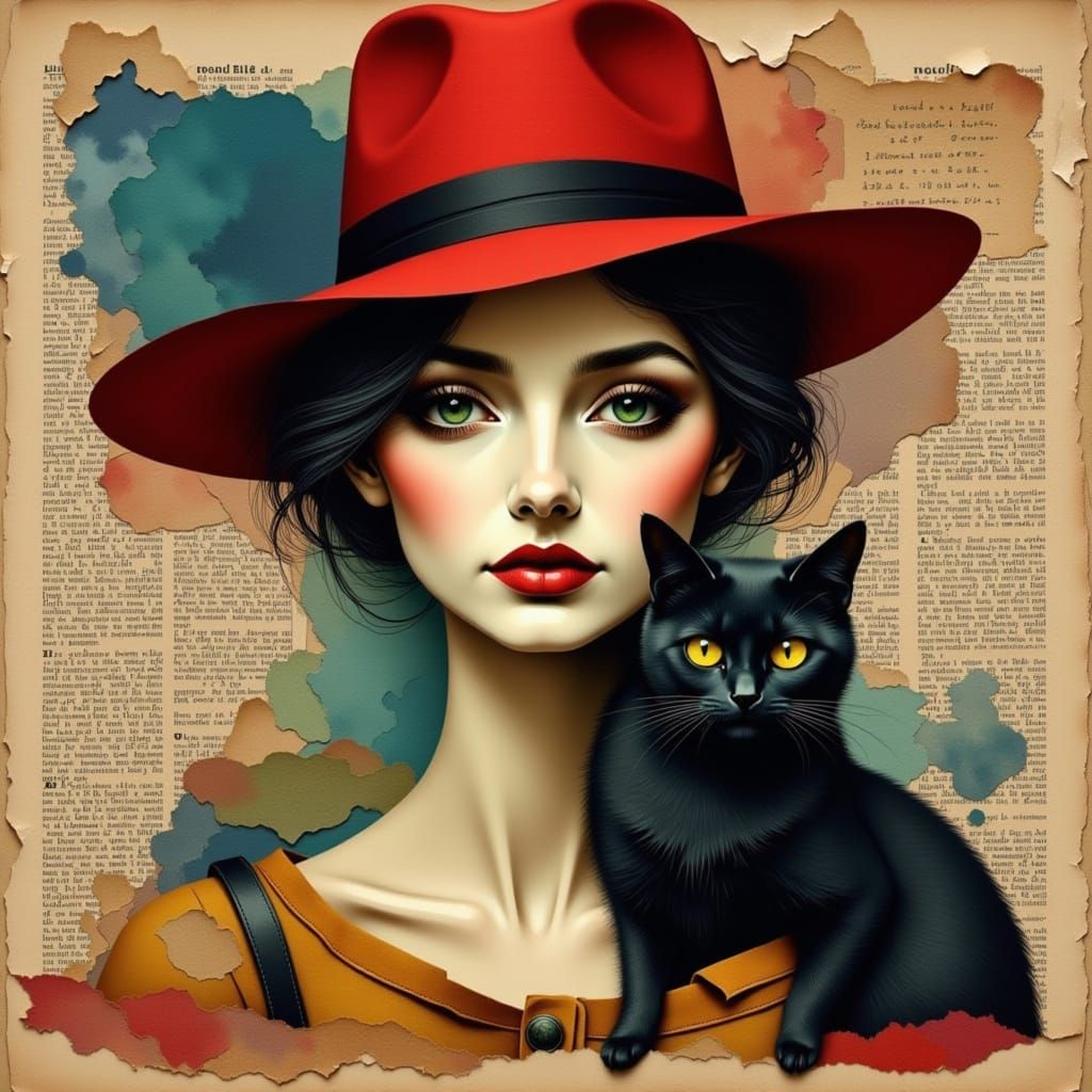 Melancholic Woman with Cat in Mixed Media Collage