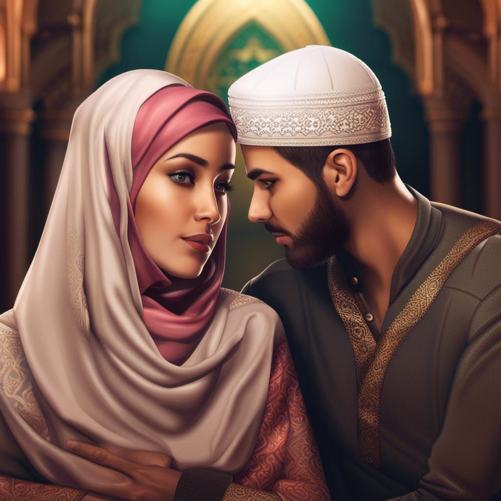 Young Muslim Couple in Beautiful Room: Hyperrealistic Art