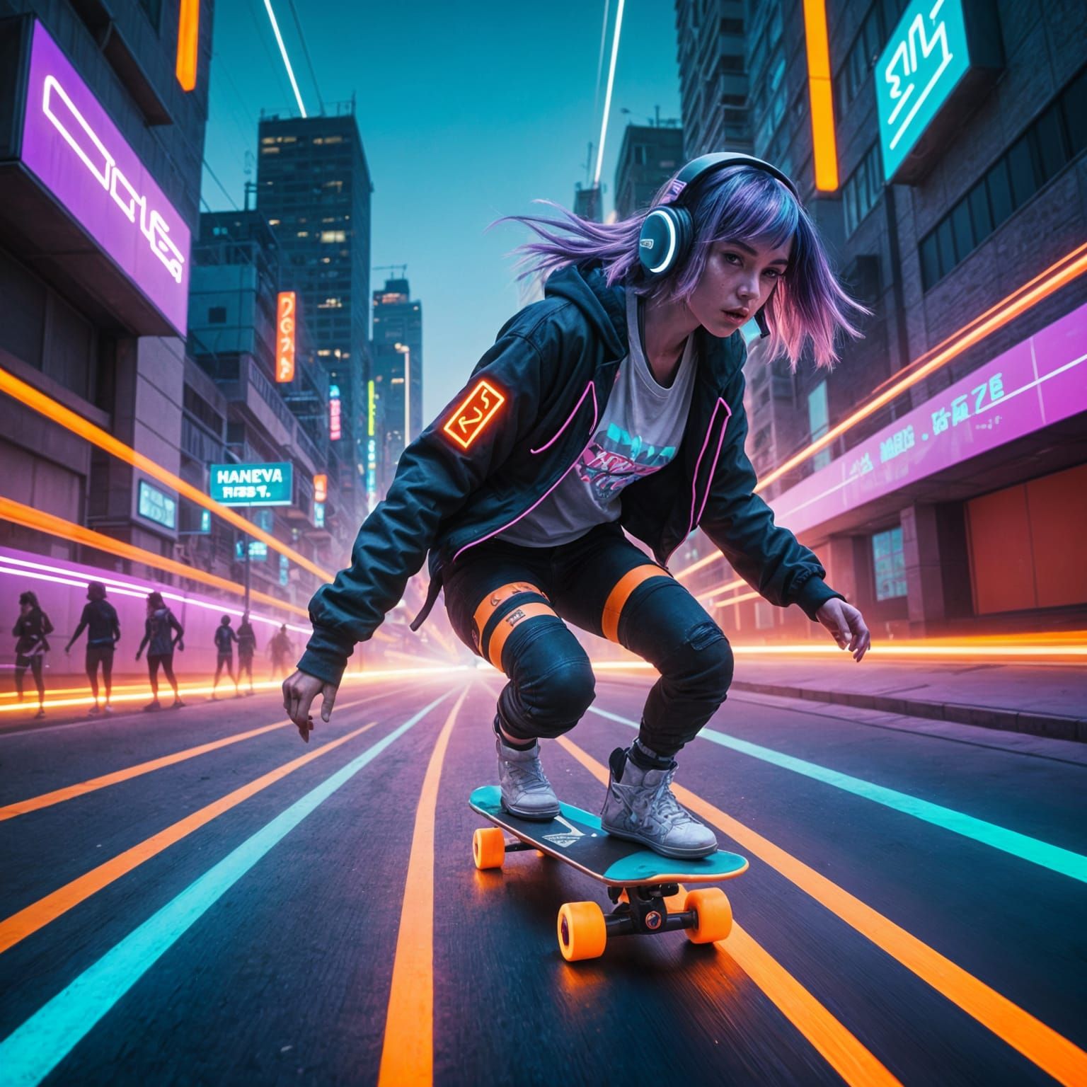 Cyberpunk Skater Girl Speeds Down Urban Street