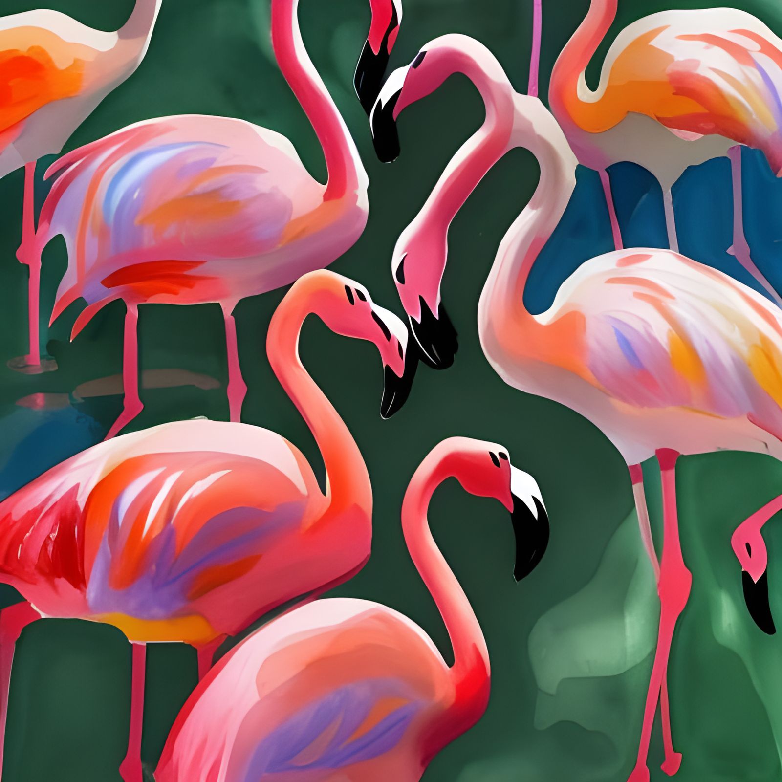 Pink Flamingos in African Lake, Gouache Style