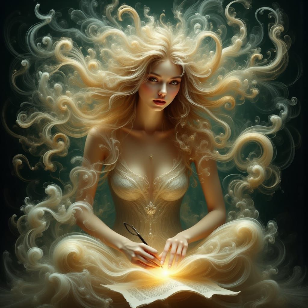 Ethereal Woman Writing Amidst Flowing Numbers and Words