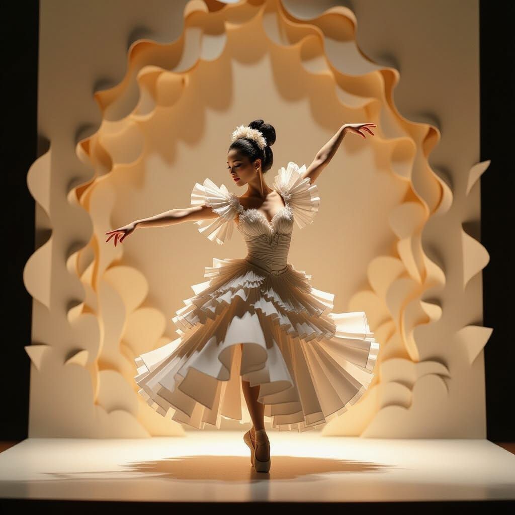 Dancer in Paper Costume on Pop-Up Book Stage