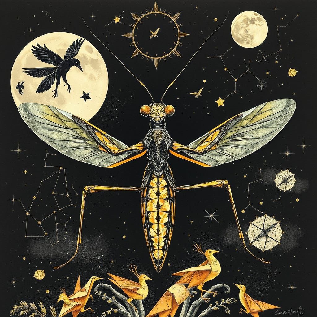 Ink Filament Praying Mantis with Origami Crows