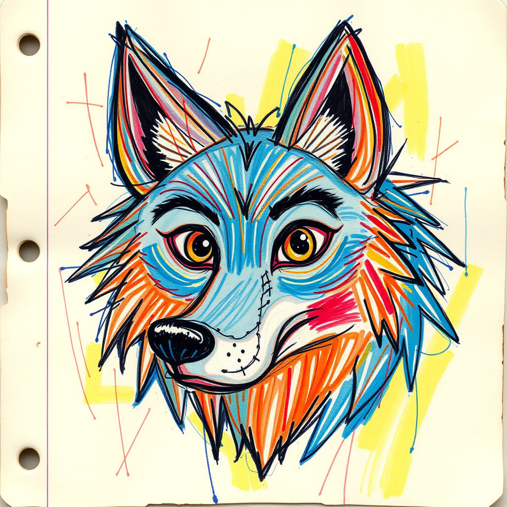 Whimsical Wolf in Colored Pencil Sketch Style