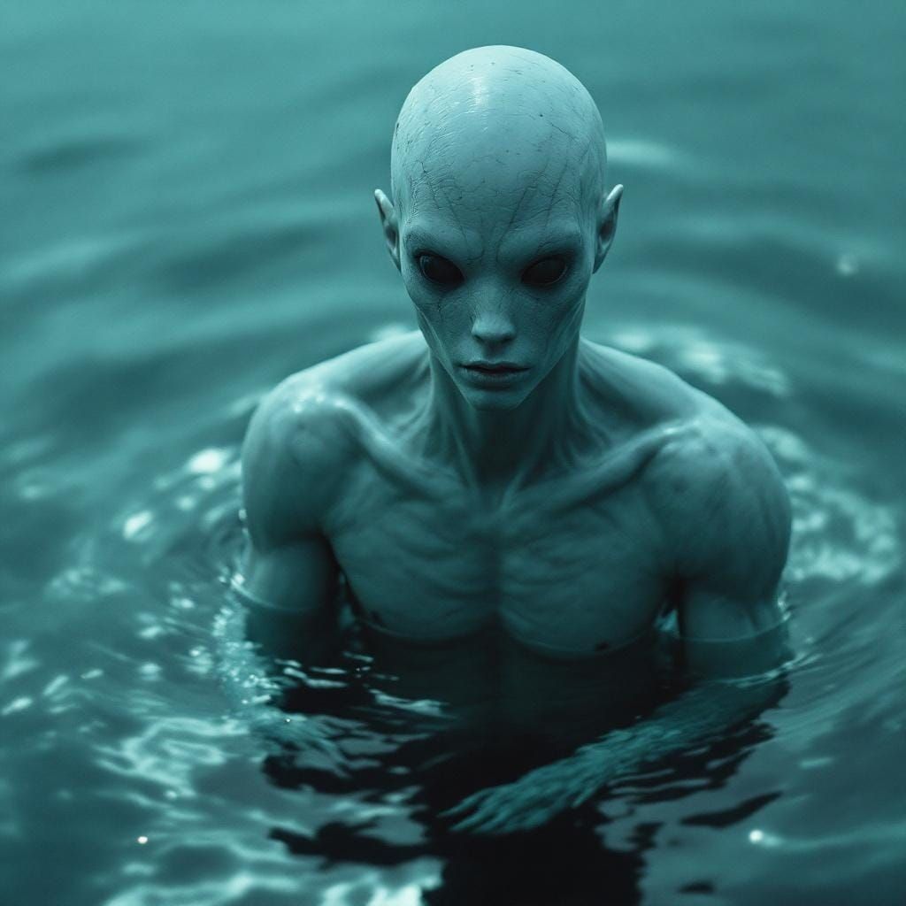 Giant Blue-Gray Male Mermaid in Cinematic Film Still