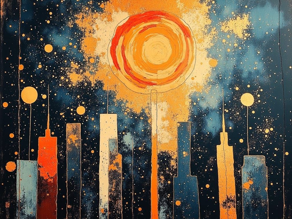 Cubist Cityscape Fireworks in Expressionist Style