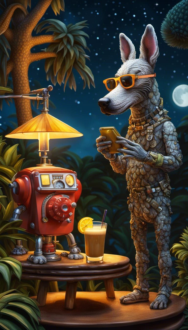 Robot Dog and Pineapple Cat at Sci-Fi Lighthouse