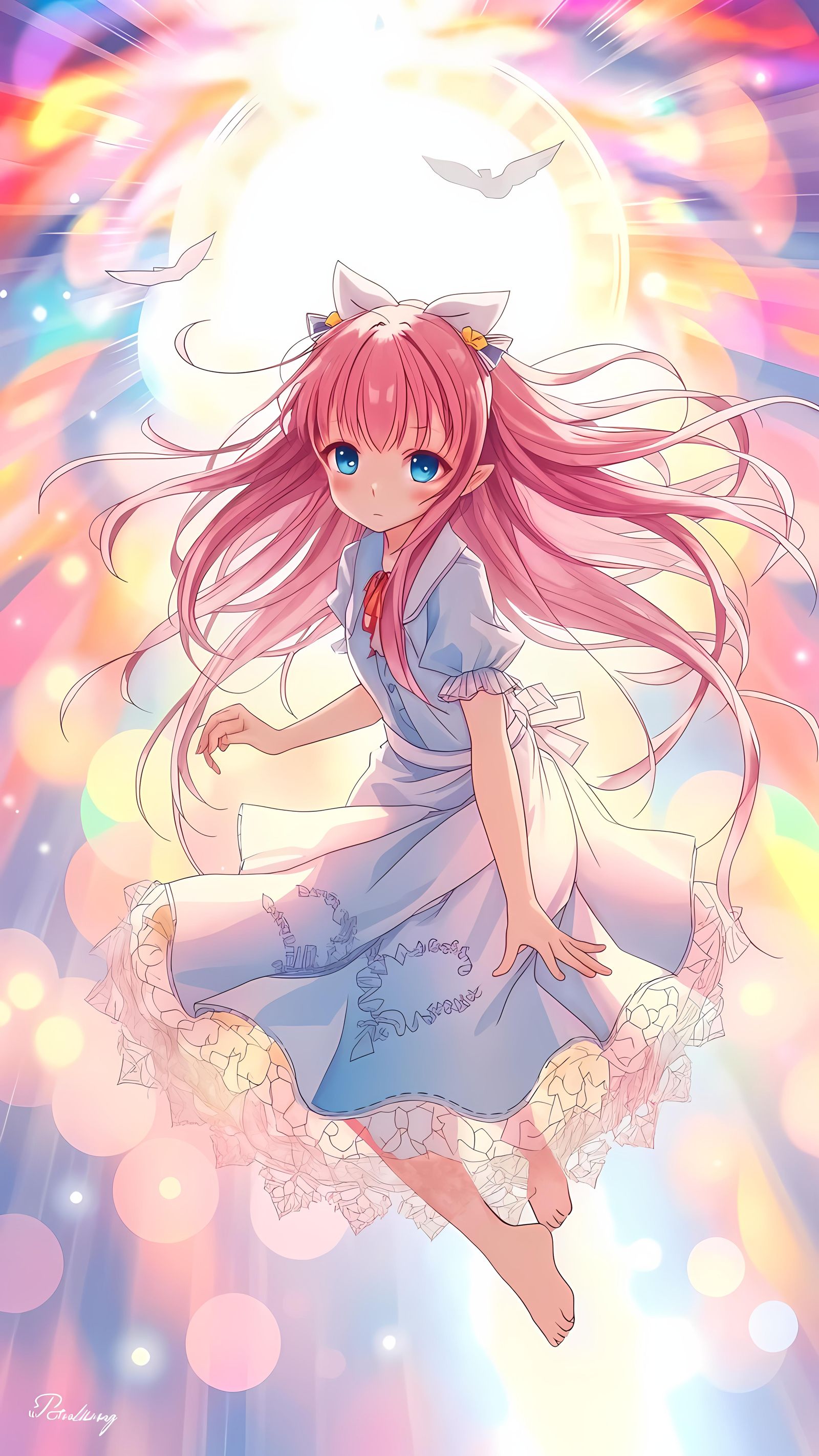 Ethereal Anime Girl Falling Through Light Tunnel