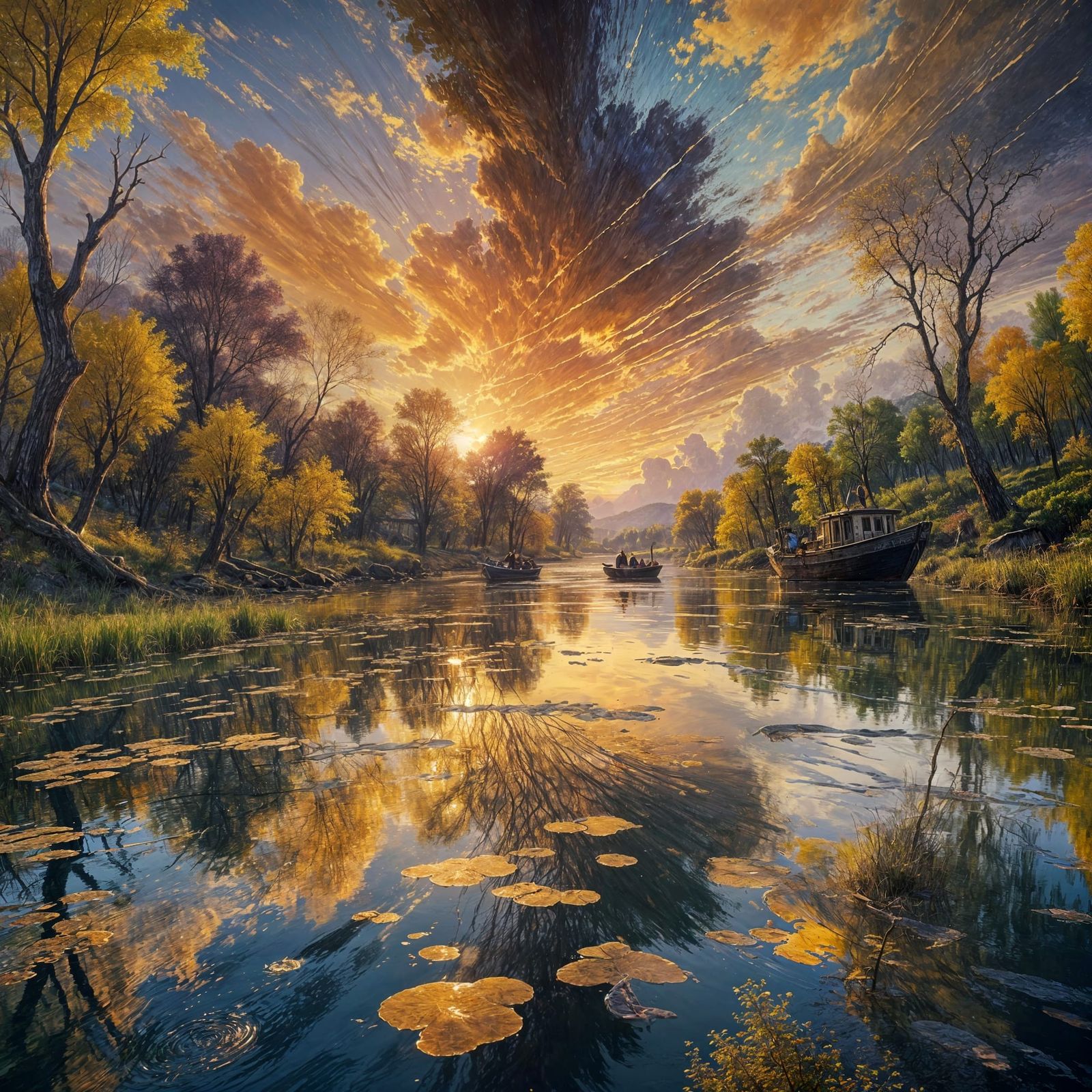 Splattered Ink Sunset Reflected on Serene River