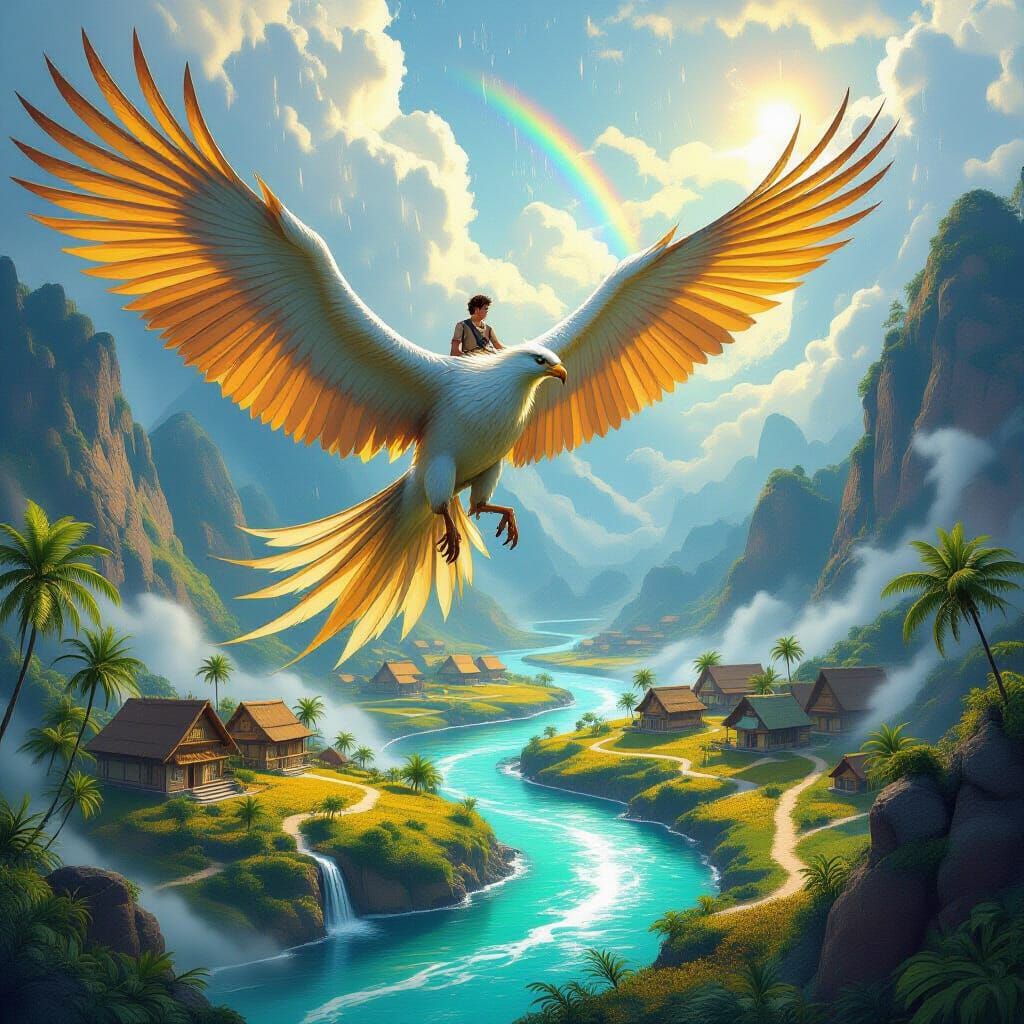 Mythical Bird Carries Man Over Emerald River Valley