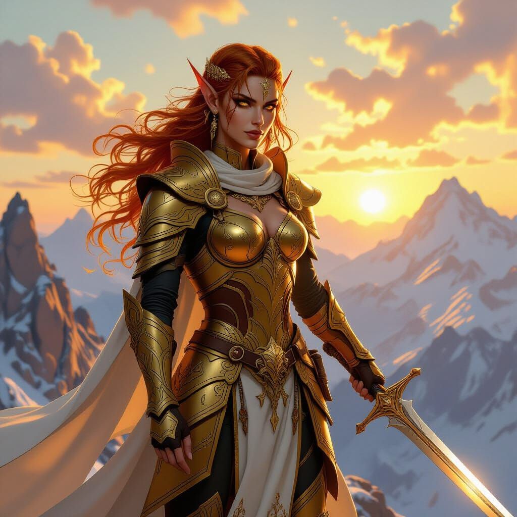 Haughty Sun Elf Warrior in Golden Armor on Mountain Peak