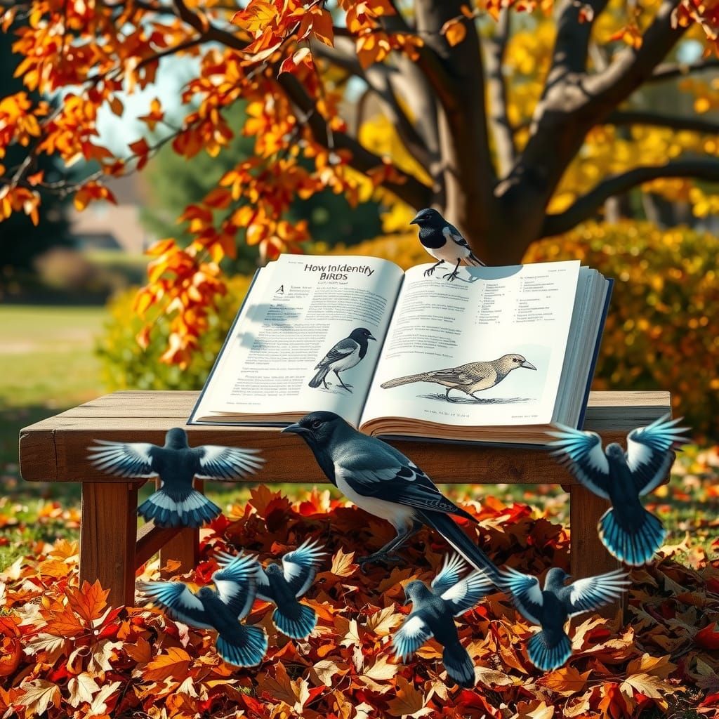 Autumn Garden Scene with Magpies and Bird Guide