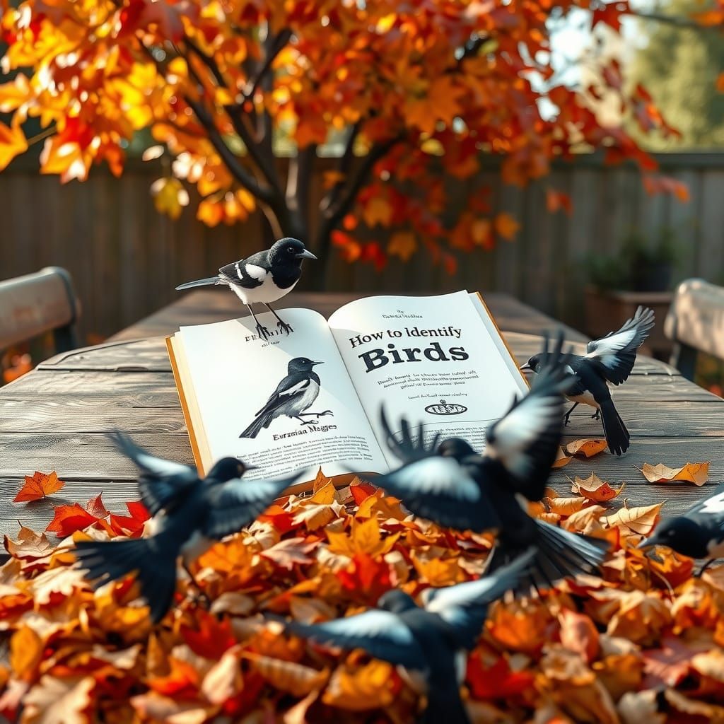 Photorealistic Autumn Scene With Magpies and Bird Book