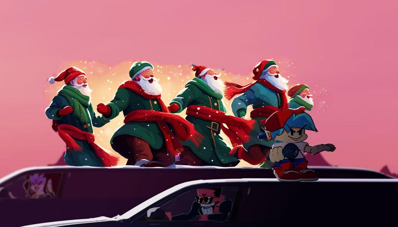 Dancing Santas in Snowy Village Square