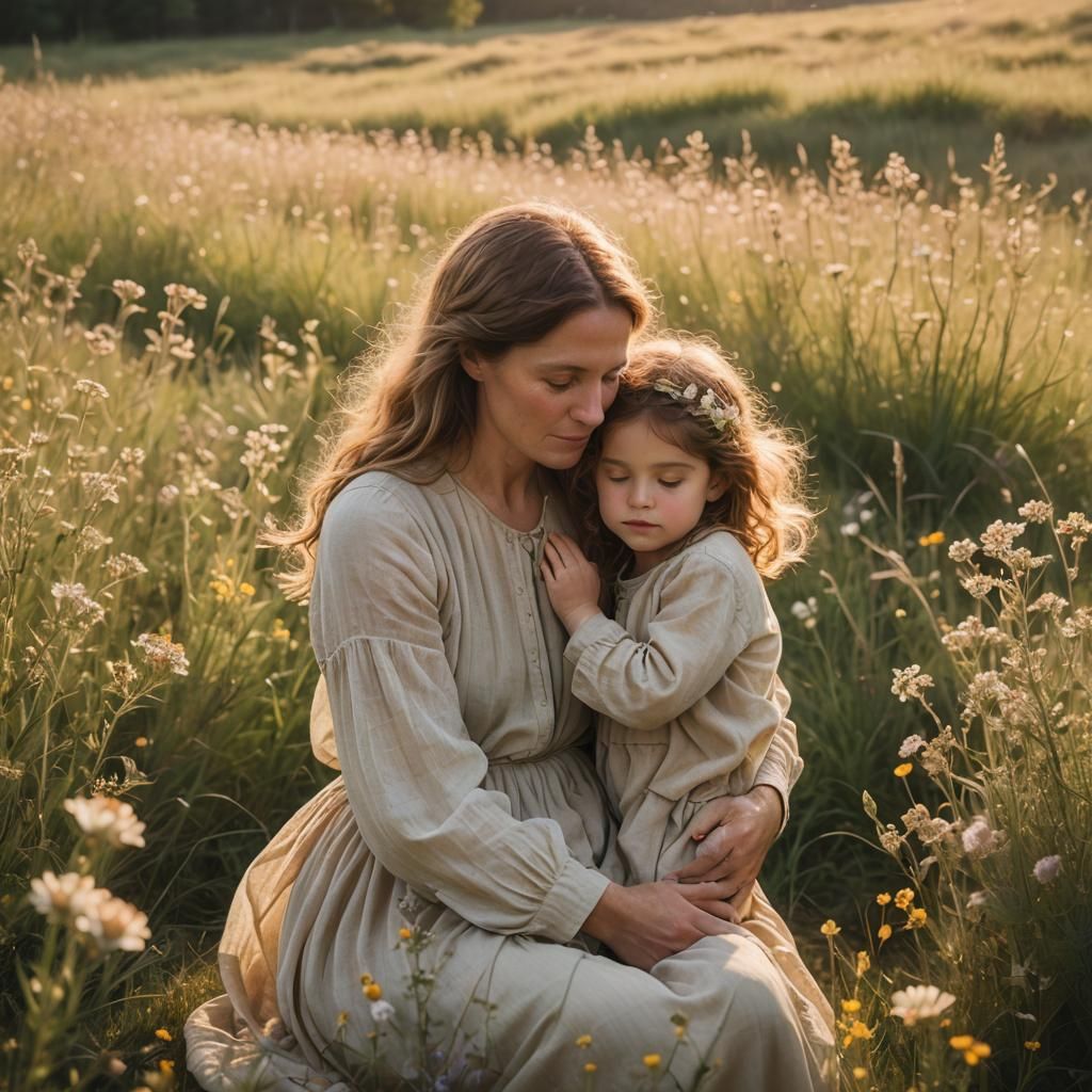 Mother and Child in Sunlit Meadow: Soft Focus Photography
