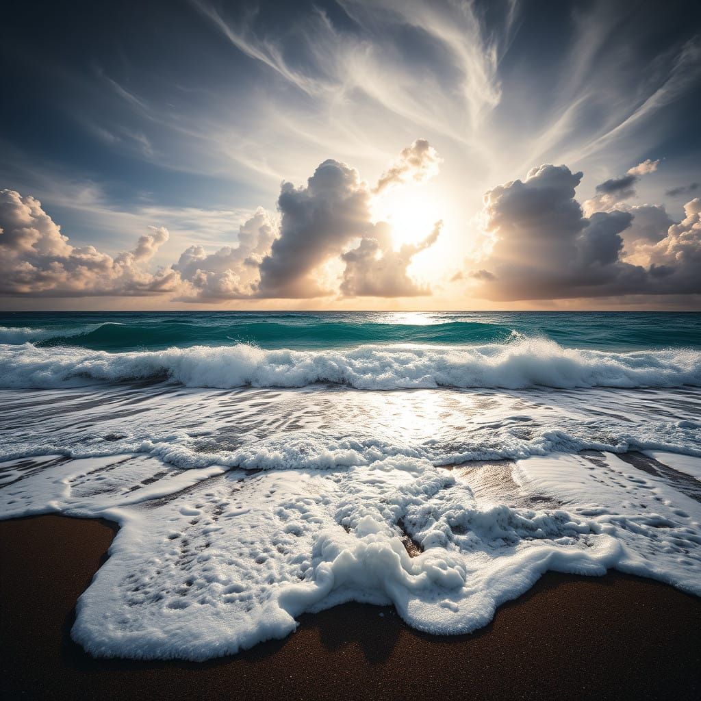 Serene Coastal Scene in Vibrant Blue and Dark Brown Tones