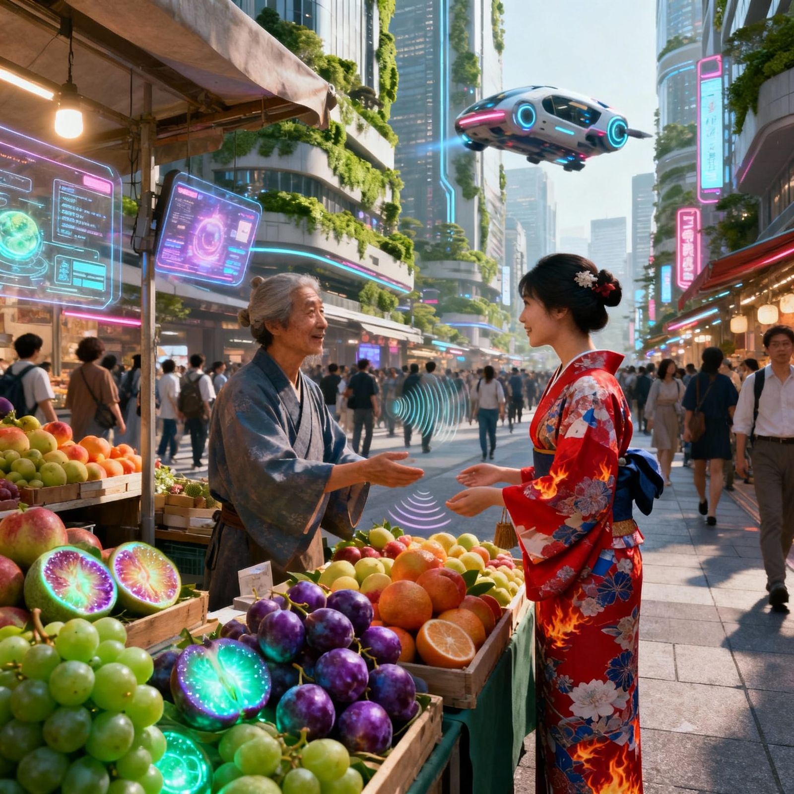 Neo-Kyoto Street Market: Future Fruits and AI Kimonos