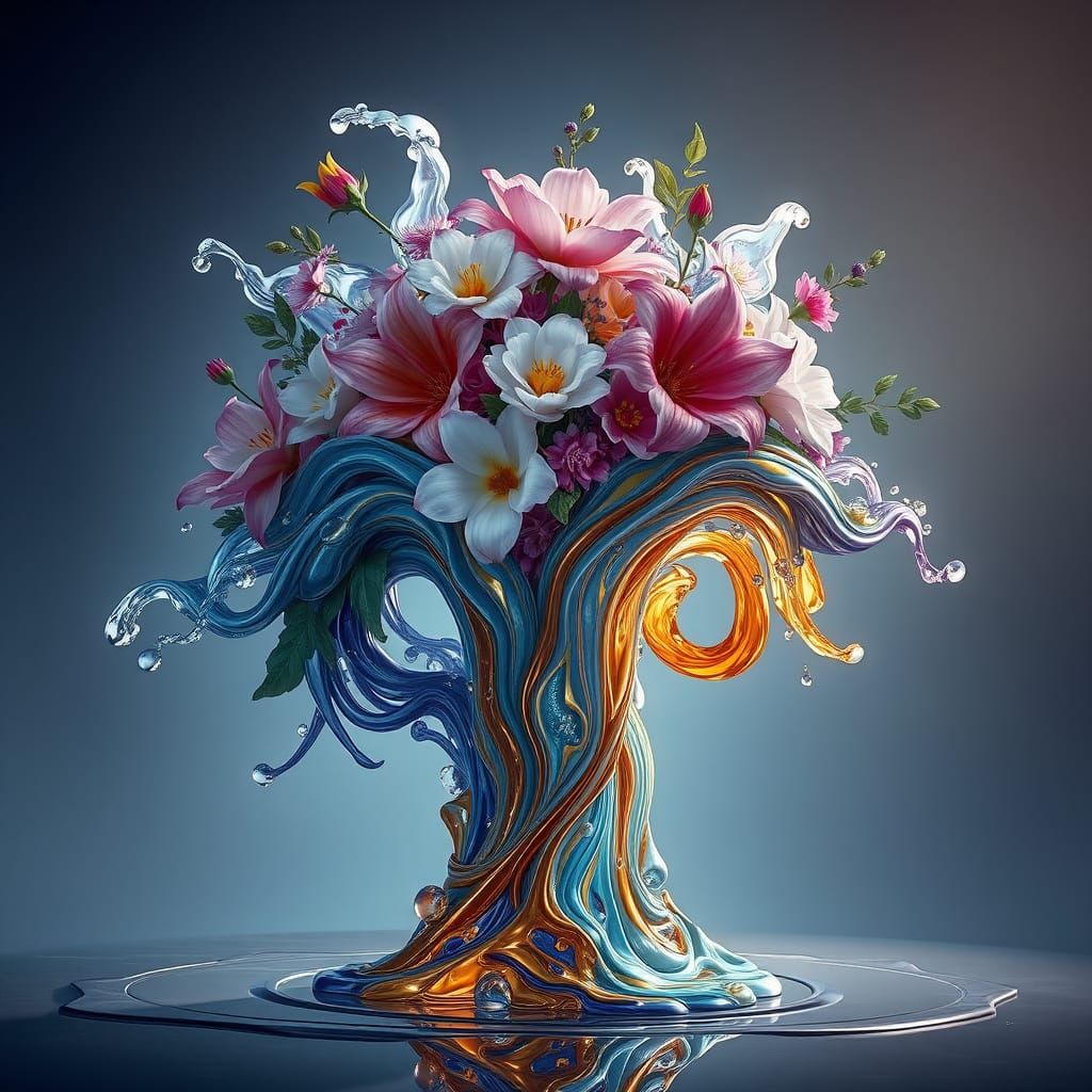 Fantastical Liquid Vase With Colorful Flowers