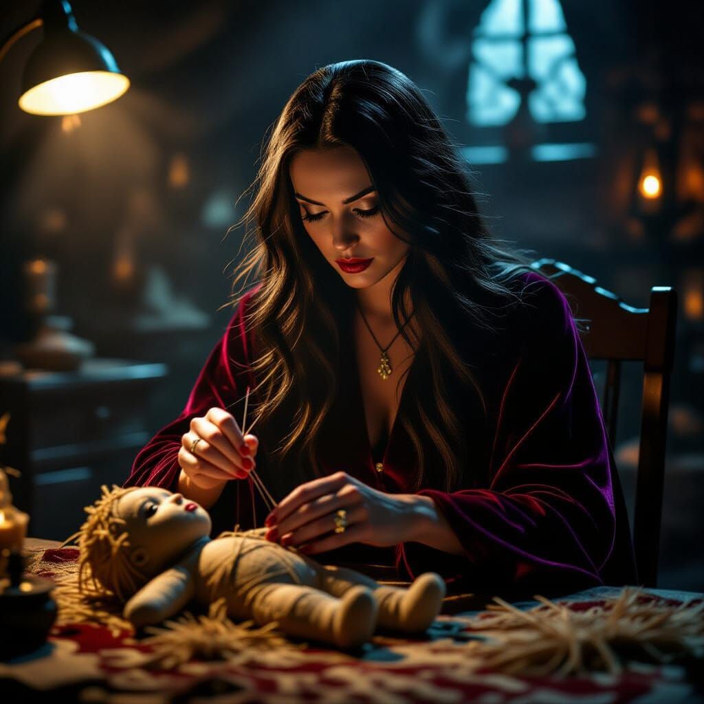 Witch Piercing Voodoo Doll in Dramatic Low-Key Lighting