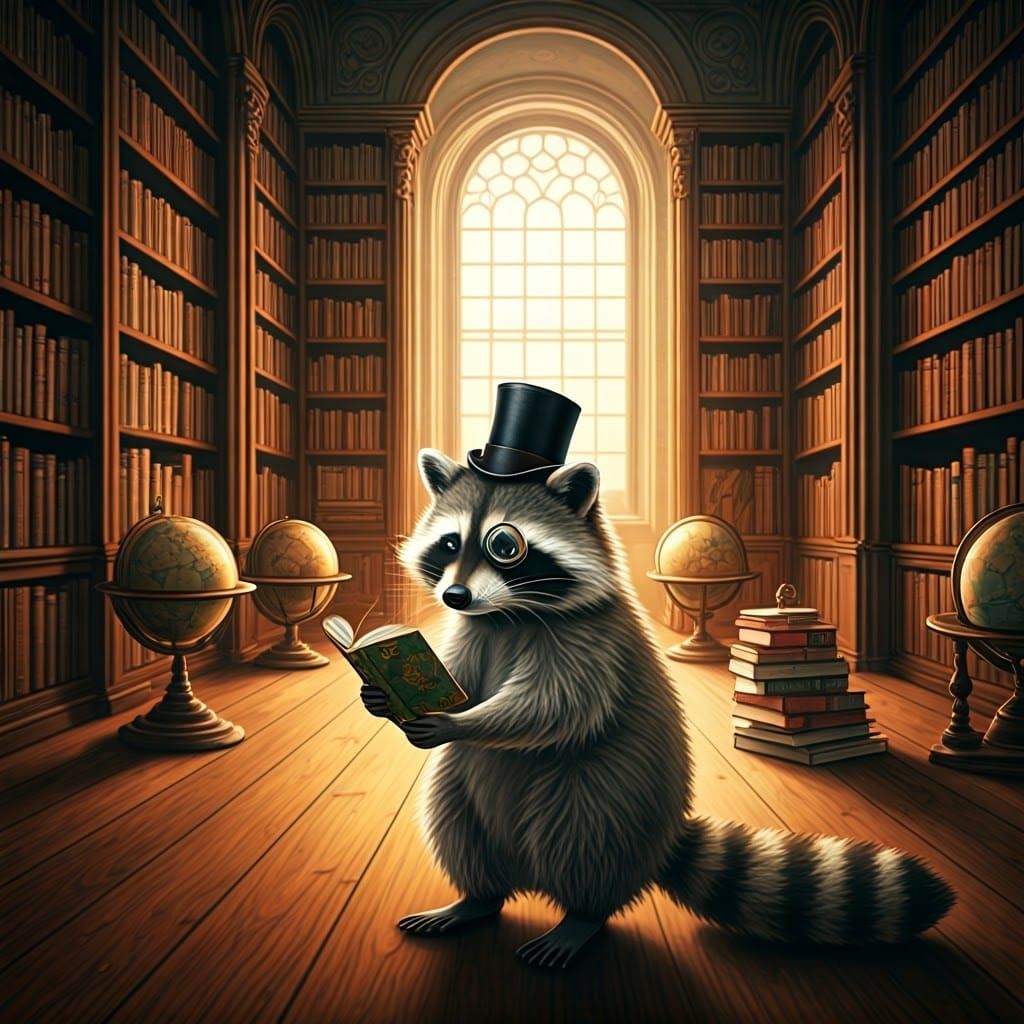 Whimsical Raccoon in Classic Library Setting