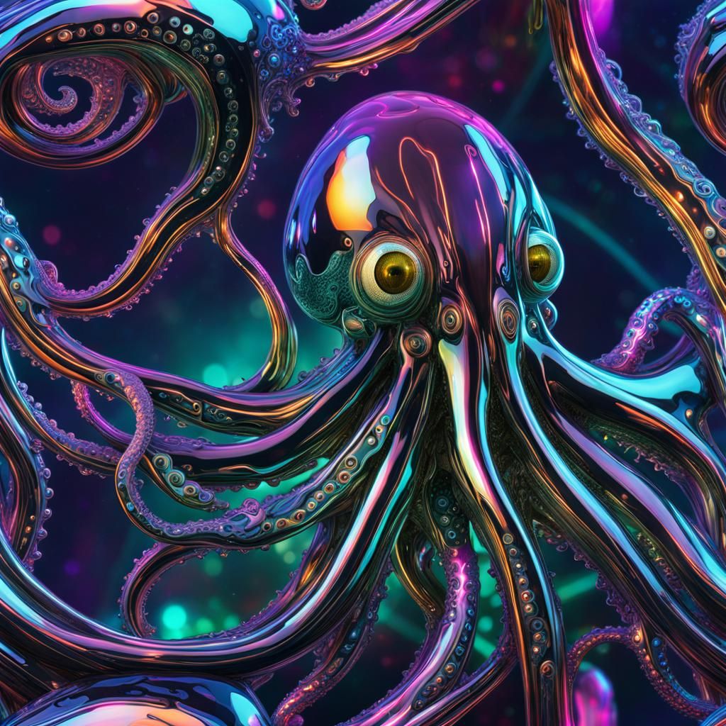 Cybernetic Octopus Liquid Chrome Portrait in 3D