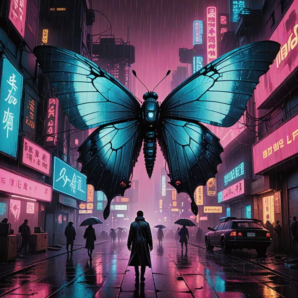 Iridescent Butterfly Illuminated in Neon Cityscape