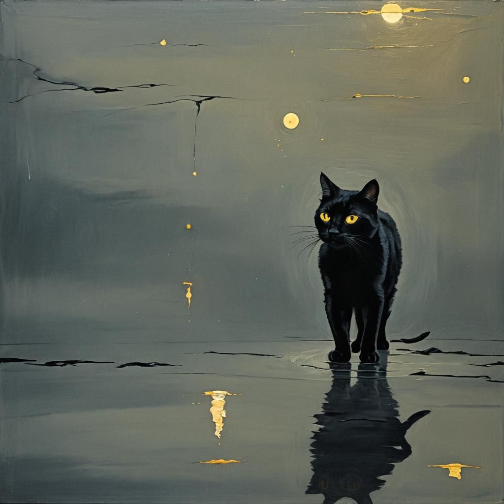Black Cat Moon Reflection in Surreal Style
