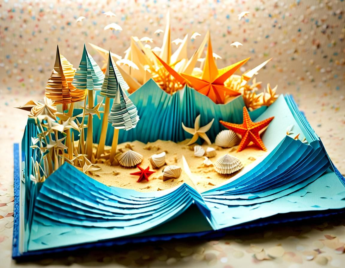 Papercraft seaside coming out of open pop up book