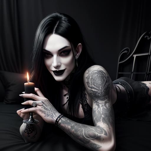 Gothic Man in Black Bed with Candles